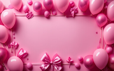 Elegant Pink Balloon and Ribbon Frame: A Perfect Backdrop for Celebrations, Parties, or Special Events with Soft Pastel Colors and a Festive, Girly Vibe.
