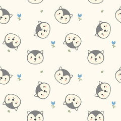 Face Siberian cartoon so cute. On flower leaf background. Pattern seamless vector illustration. 
