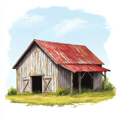 Obraz premium rustic barn with red metal roof stands in grassy field under blue sky. wooden structure showcases weathered planks and charming countryside aesthetic, evoking sense of tranquility