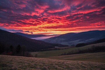 Fototapeta premium Majestic sunrise over rolling hills and valley with vibrant sky