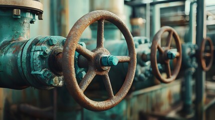 A rusty valve with a green handle. The valve is old and rusted, but it still has a green handle