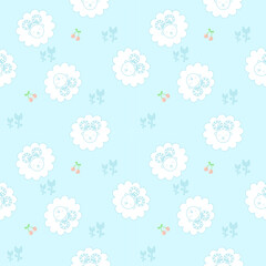 Goat cartoon so cute. On flower cherry light blue background. Pattern seamless vector illustration. 
