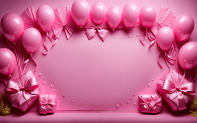 Elegant Pink Balloon and Ribbon Frame: A Perfect Backdrop for Celebrations, Parties, or Special Events with Soft Pastel Colors and a Festive, Girly Vibe.