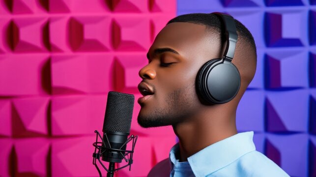 a musician wearing headphones and singing into a studio microphone