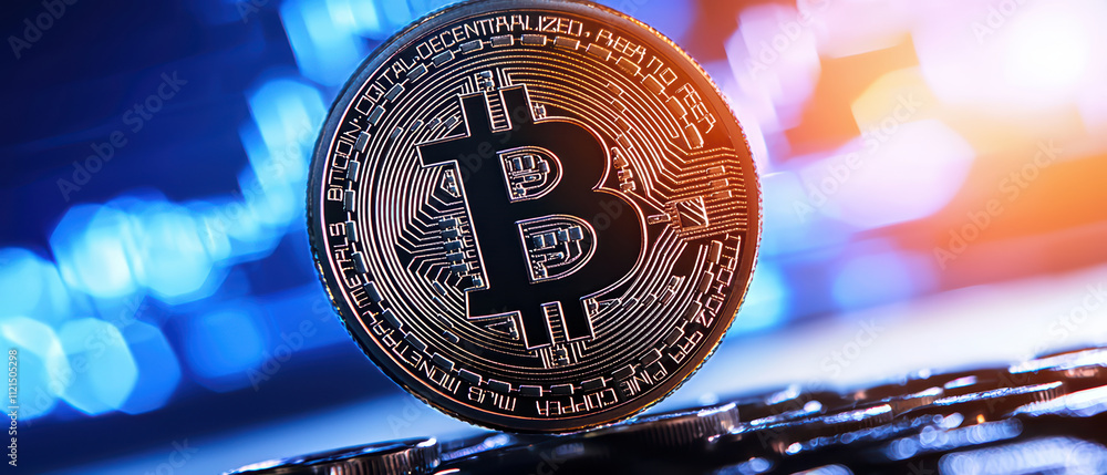 Aufkleber bitcoin coin displayed prominently with blurred background of digital lights, symbolizing cryptocurr