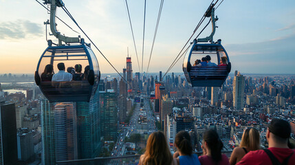 A group of tourists riding in a cable car overlooking a bustling cityscape.