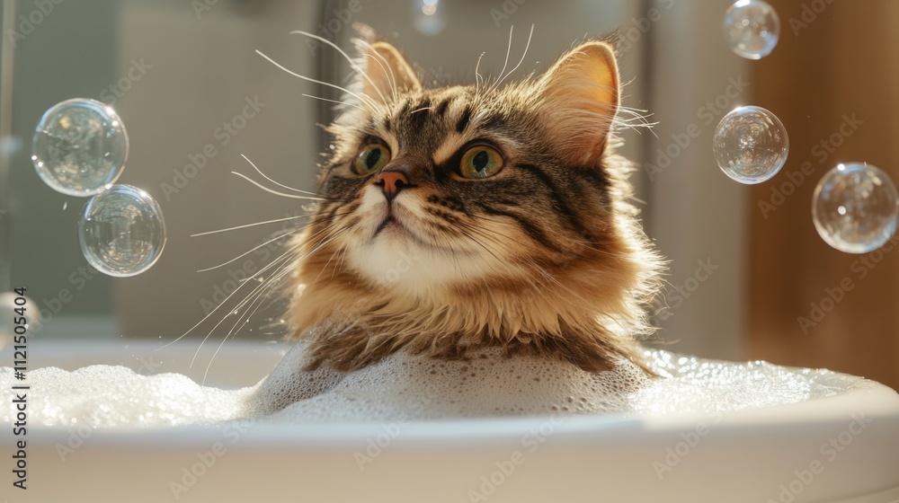 Poster curious cat in a bathtub surrounded by bubbles and foam