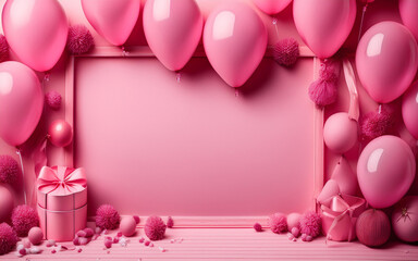 Elegant Pink Balloon and Ribbon Frame: A Perfect Backdrop for Celebrations, Parties, or Special Events with Soft Pastel Colors and a Festive, Girly Vibe.
