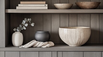 A minimalistic wooden bookshelf displaying neutral decor items, including bowls, vases, and a decorative cloth