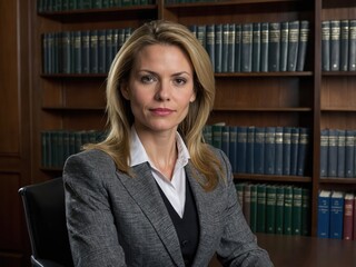 A confident female lawyer in a professional outfit, standing in a modern office with legal documents, exuding authority and professionalism