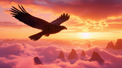 Fototapeta premium majestic eagle soars through vibrant sunset sky, surrounded by clouds and mountains. scene captures beauty of nature and freedom of flight
