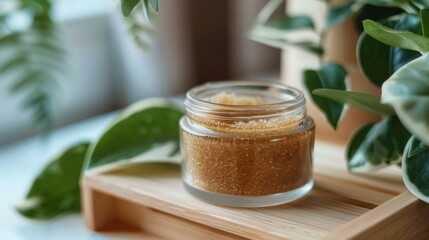  Jojoba oil-based hand scrub in a jar, surrounded by jojoba seeds and green leaves, placed on a rustic wooden surface, highlighting natural skincare and organic beauty products. Generative AI