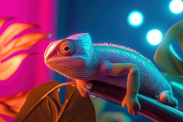 Fototapeta premium fashionable chameleon with iridescent scales rests on branch, surrounded by vibrant foliage and colorful lights, creating captivating and lively atmosphere