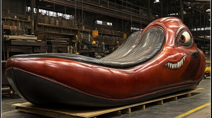 Gigantic Red Leather Shoe Sculpture in Industrial Setting
