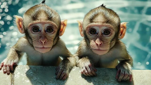 Twin monkeys curiously peering over a pool edge on a sunny day