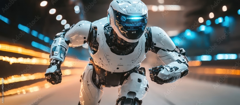 Poster a futuristic white robot wearing a helmet and a glowing blue visor is running forward in a futuristi