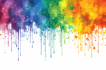 Fototapeta premium Vibrant rainbow watercolor paint drips and splatters on white background; perfect for design projects, cards, and backgrounds.