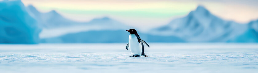Fototapeta premium fashionable penguin stands gracefully icy landscape, showcasing its sleek black and white feathers against stunning backdrop of mountains and ice. serene atmosphere evokes sense of tranquility and