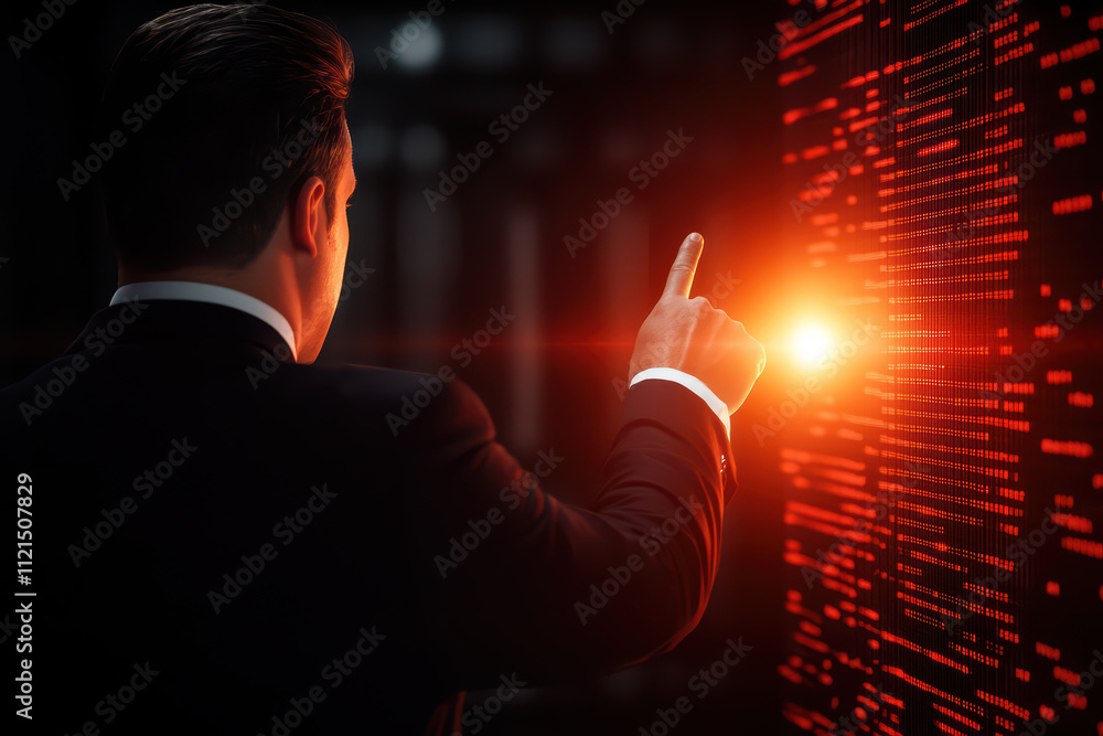 Poster businessman interacting with futuristic digital interface, showcasing advanced technology and data v
