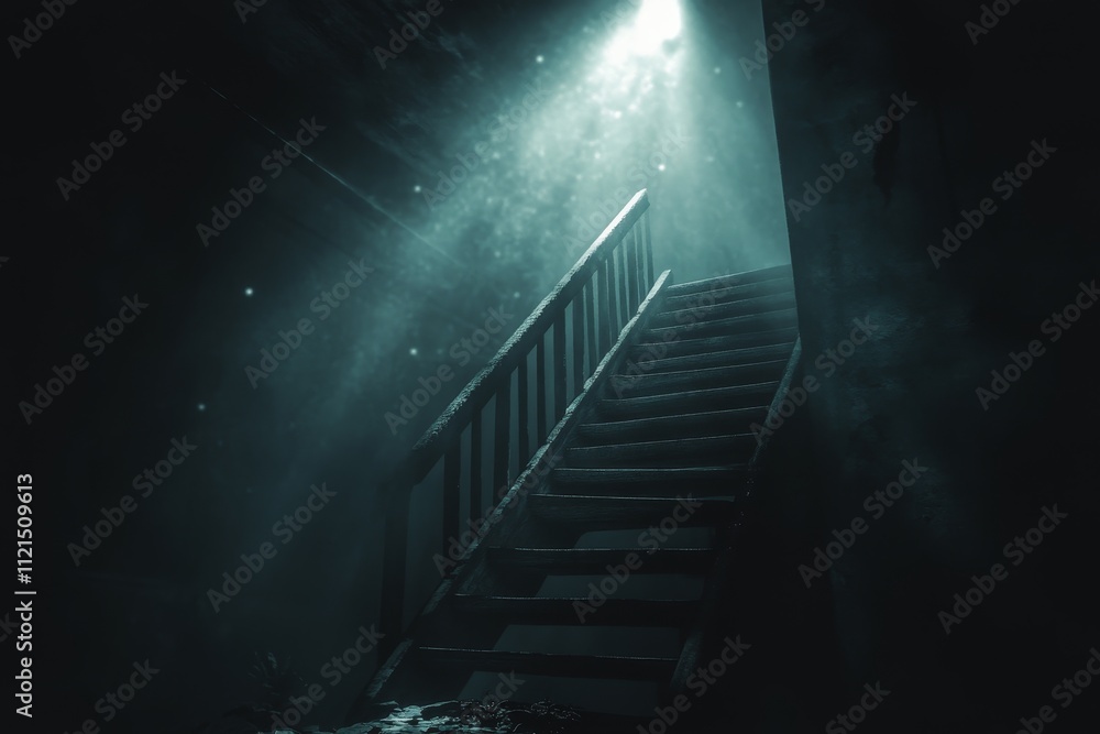 Poster mysterious staircase lit by ethereal light beam in darken space, evoking uncertainty and intrigue ar