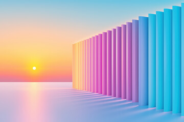 Fototapeta premium vibrant sunset casts colorful shadows on minimalist columns, creating futuristic vibe. gradient hues of pink and blue enhance serene atmosphere