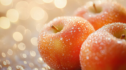 Close-Up of Fresh Dewy Apples with Water Droplets and Golden Bokeh Background