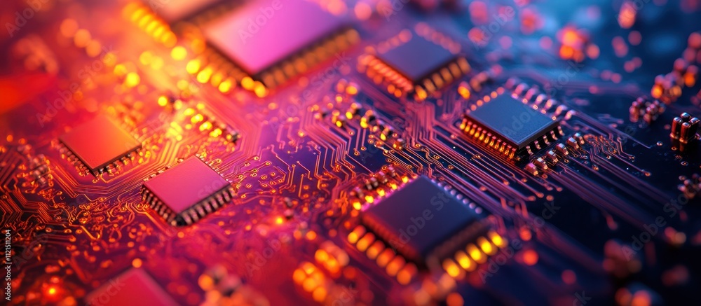 Poster close-up of a circuit board with microchips, glowing with red and blue light.