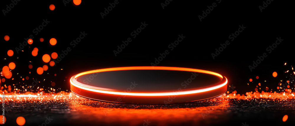 Aufkleber glowing circular platform emits vibrant orange light, surrounded by sparkling particles in dark envi