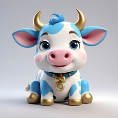 Obraz premium Adorable 3D Render of a Cute Blue and White Calf with Golden Horns and Collar