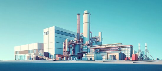 Obraz premium Modern industrial complex with smokestacks and large buildings under blue sky.