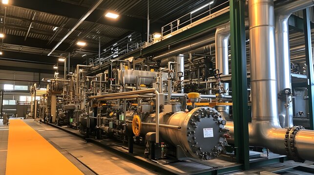 A large industrial building with a lot of pipes and valves. The pipes are connected to a large tank