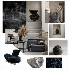 An inspiration board for the design of a bachelor's apartment in a young and light style and a warm atmosphere in black, grey, white and dark blue colors on white background 