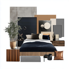 An inspiration board for the design of a bachelor's apartment in a young and light style and a warm atmosphere in black, grey, white and dark blue colors on white background 