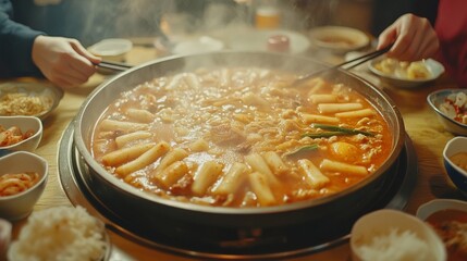 Hot steaming pot of spicy noodle dish with vegetables and meat