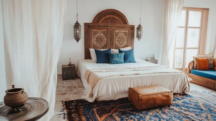 彫刻が施されたヘッドボードとランタンが特徴のボヘミアンスタイルのベッドルーム | Bohemian Style Bedroom with Carved Headboard and Lantern Accents