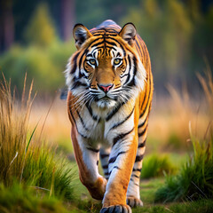 Naklejka premium a tiger is walking in a field