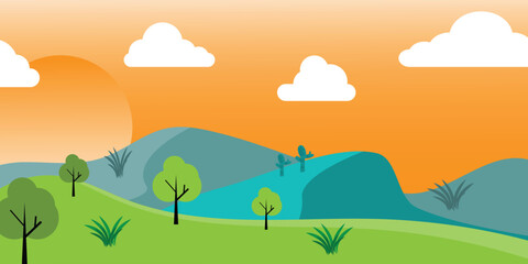 Fototapeta premium Nature landscape background with mountain and trees on sunset concept. Vector illustration