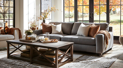 A living room with a gray couch and a coffee table