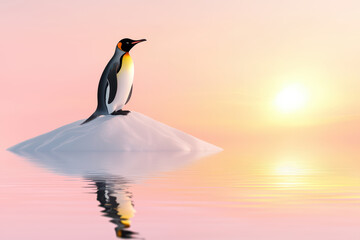 Fototapeta premium minimal fashionable penguin stands on ice mound, reflecting in calm waters at sunset. serene atmosphere captures beauty of nature and wildlife