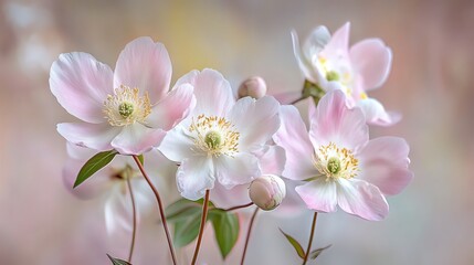 Obraz premium Delicate pink and white anemone flowers in soft focus.