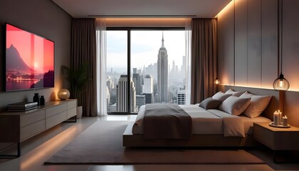 Luxurious bedroom with bed and bedside tables and dressing table. Concept interior, home, comfort, hotel. 3d rendering