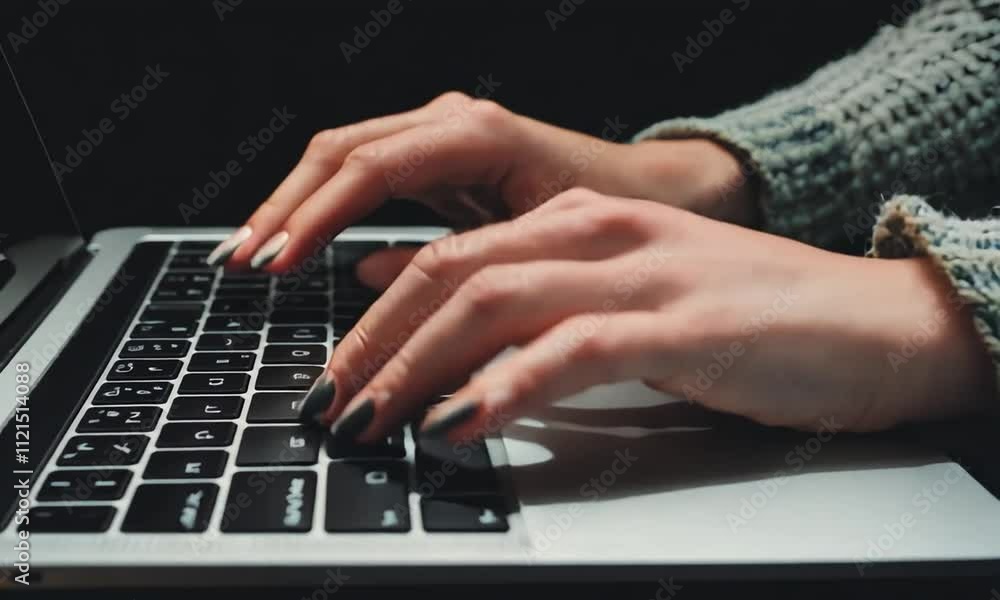 Poster female hands typing on a laptop keyboard. a girl works in front of a computer monitor. concept: remo