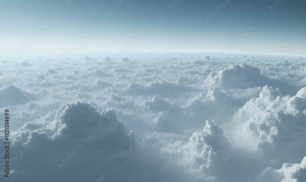 Poster serene aerial view of a boundless expanse of fluffy cumulus clouds, bathed in soft sunlight, creatin