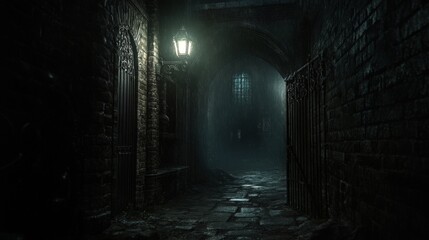 Mysterious gloomy alleyway at night with dim lantern light