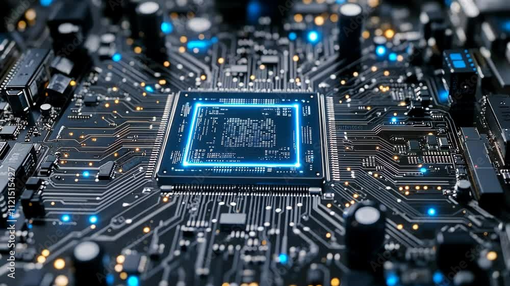 Poster high-tech circuit board showcasing intricate patterns and glowing elements in a modern electronic de