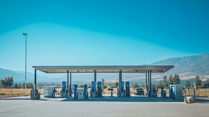A hydrogen fuel station with vehicles refueling under a clear blue sky.