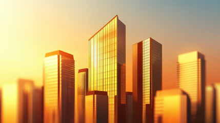 Obraz premium sleek futuristic skyline with towering metallic buildings reflecting golden sunlight. urban landscape showcases modern architecture and vibrant colors