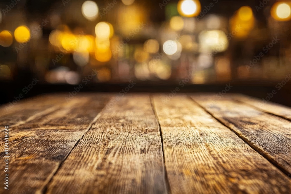 Poster rustic wooden table with warm bokeh background in a cozy interior environment ideal for inviting din