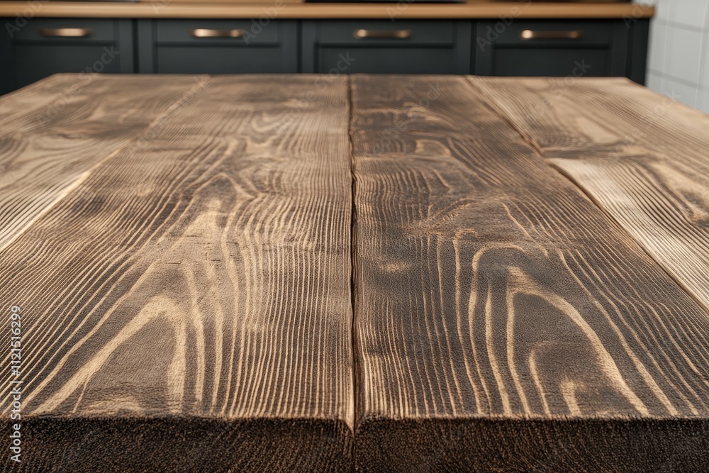 Aufkleber rustic wooden table surface with distressed finish and natural grain patterns in a modern kitchen se