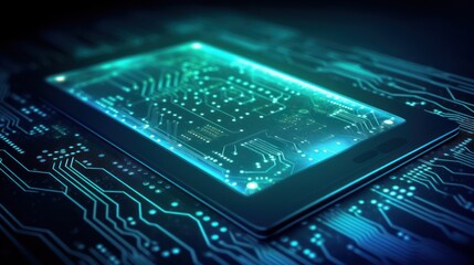 A glowing tablet on a circuit board background, symbolizing technology and innovation.